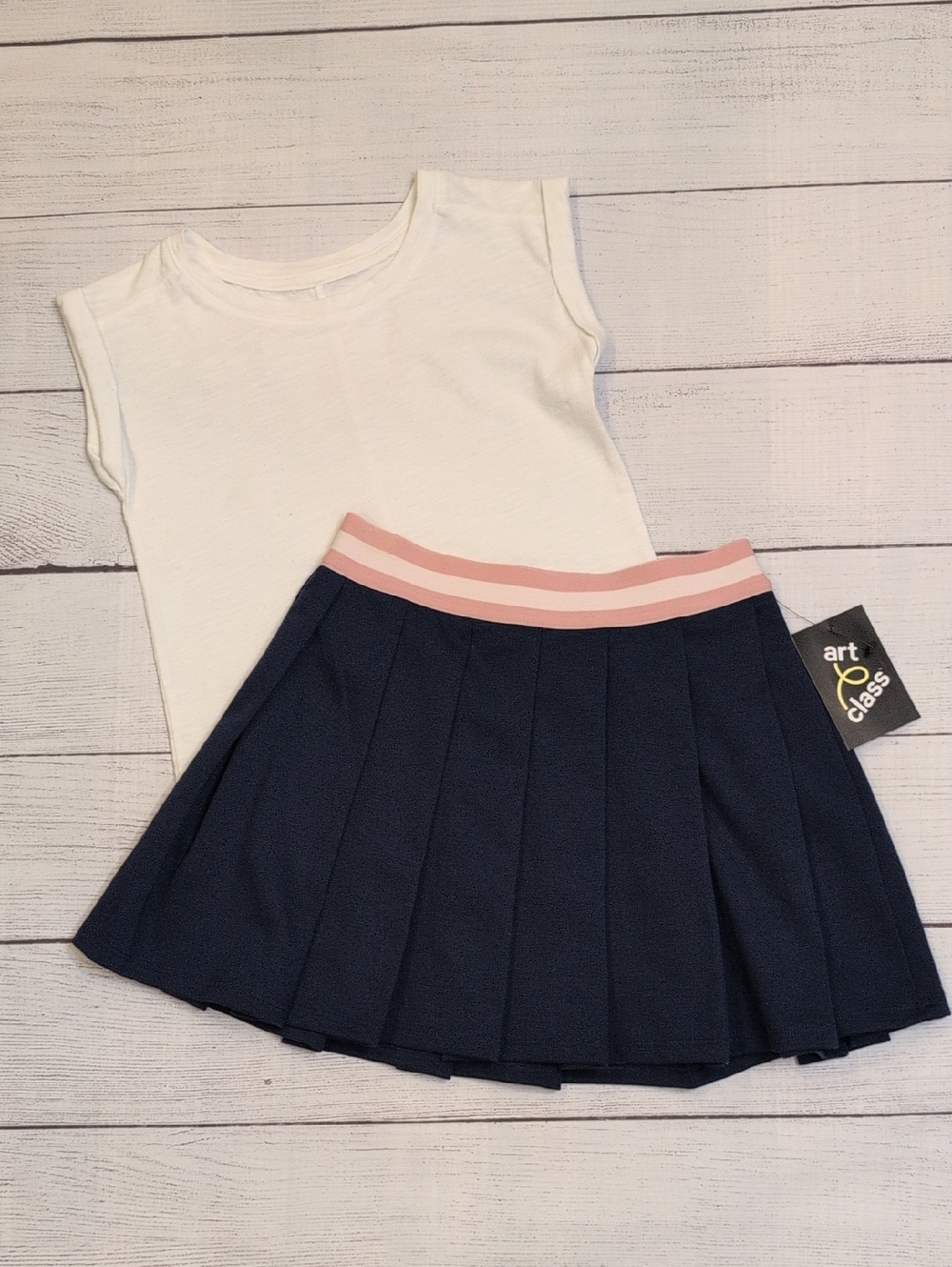 art class Navy Pleated Skirt with Pink Striped Waistband